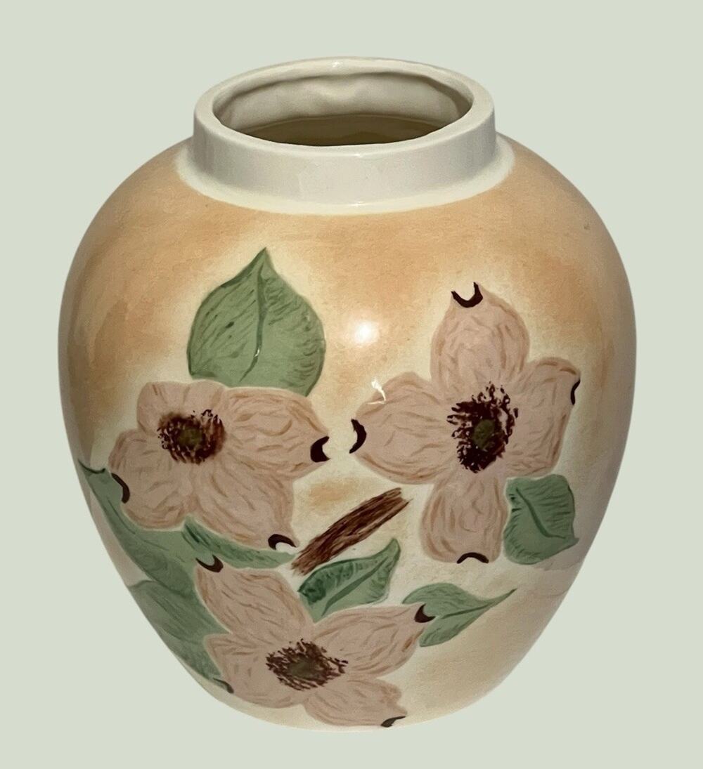 Vintage Holland Mold Vase Beige Pink Flowers 6 Inches Tall Cottagecore